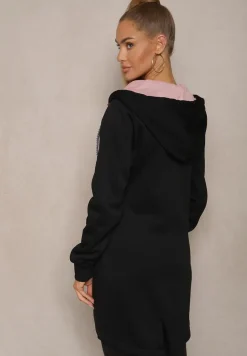 Czarna Bluza Długa z Kapturem Ozdobionym Napisami Sinellina