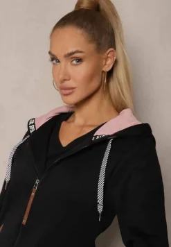 Czarna Bluza Długa z Kapturem Ozdobionym Napisami Sinellina