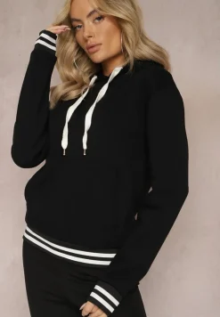 Czarna Bluza Kangurka z Bawełny ze Ściągaczami w Paski i Kapturem Gaiana