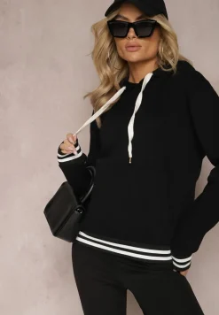 Czarna Bluza Kangurka z Bawełny ze Ściągaczami w Paski i Kapturem Gaiana