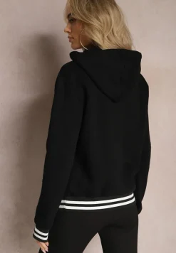 Czarna Bluza Kangurka z Bawełny ze Ściągaczami w Paski i Kapturem Gaiana