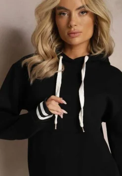 Czarna Bluza Kangurka z Bawełny ze Ściągaczami w Paski i Kapturem Gaiana