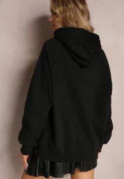 Czarna Bluza o Fasonie Kangurki Ozdobiona Napisem Taron