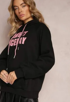 Czarna Bluza o Fasonie Kangurki Ozdobiona Napisem Taron