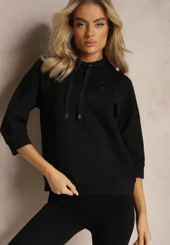 Czarna Bluza Ozdobiona Drobnymi Cyrkoniami i Sznurkami Vanreil