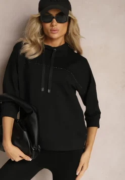 Czarna Bluza Ozdobiona Drobnymi Cyrkoniami i Sznurkami Vanreil