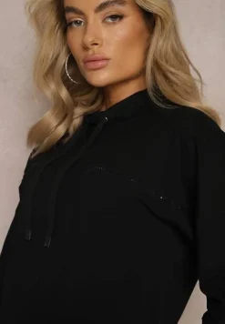 Czarna Bluza Ozdobiona Drobnymi Cyrkoniami i Sznurkami Vanreil