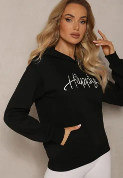 Czarna Bluza Ozdobiona Napisem z Kangurkową Kieszenią i Kapturem Hecconia