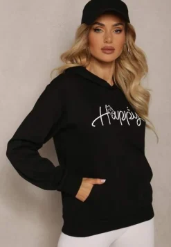 Czarna Bluza Ozdobiona Napisem z Kangurkową Kieszenią i Kapturem Hecconia