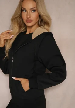 Czarna Bluza Rozpinana z Dodatkiem Bawełny Ozdobiona Kontrastowym Kapturem Arstoia