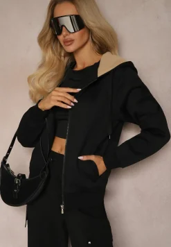 Czarna Bluza Rozpinana z Dodatkiem Bawełny Ozdobiona Kontrastowym Kapturem Arstoia