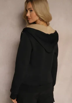 Czarna Bluza Rozpinana z Dodatkiem Bawełny Ozdobiona Kontrastowym Kapturem Arstoia