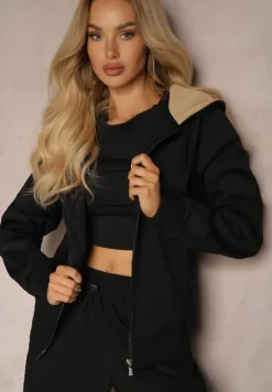 Czarna Bluza Rozpinana z Dodatkiem Bawełny Ozdobiona Kontrastowym Kapturem Arstoia