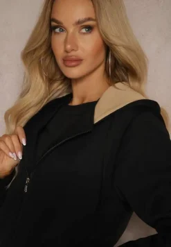 Czarna Bluza Rozpinana z Dodatkiem Bawełny Ozdobiona Kontrastowym Kapturem Arstoia