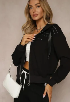 Czarna Bluza Rozpinana z Kapturem Bawełną Ozdobiona Cyrkoniami Ulianira