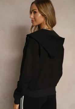 Czarna Bluza Rozpinana z Kapturem Bawełną Ozdobiona Cyrkoniami Ulianira