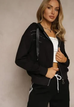 Czarna Bluza Rozpinana z Kapturem Bawełną Ozdobiona Cyrkoniami Ulianira