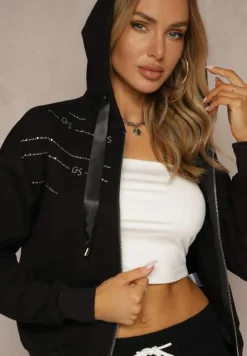 Czarna Bluza Rozpinana z Kapturem Bawełną Ozdobiona Cyrkoniami Ulianira