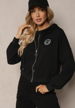 Czarna Bluza Rozpinana z Wyszytą Emotką i Kapturem Cornoria
