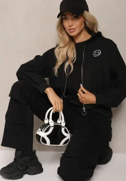 Czarna Bluza Rozpinana z Wyszytą Emotką i Kapturem Cornoria