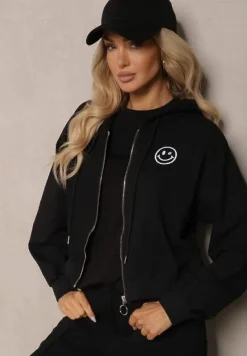 Czarna Bluza Rozpinana z Wyszytą Emotką i Kapturem Cornoria