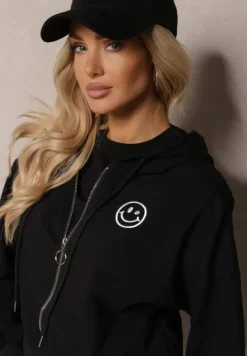 Czarna Bluza Rozpinana z Wyszytą Emotką i Kapturem Cornoria