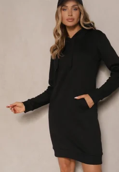 Czarna Bluza Tunika z Dodatkiem Bawełny Wykończona Sznurkami i Kapturem Mivithia