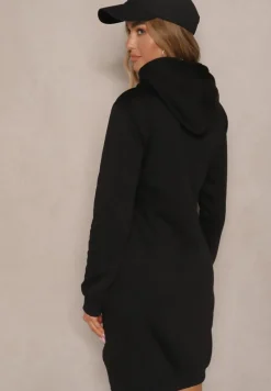 Czarna Bluza Tunika z Dodatkiem Bawełny Wykończona Sznurkami i Kapturem Mivithia