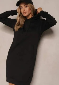 Czarna Bluza Tunika z Dodatkiem Bawełny Wykończona Sznurkami i Kapturem Mivithia