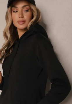 Czarna Bluza Tunika z Dodatkiem Bawełny Wykończona Sznurkami i Kapturem Mivithia