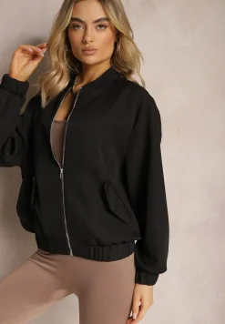 Czarna Bluza Typu Bomberka z Suwakiem i Kieszeniami na Klapki Pleoria