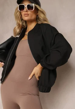 Czarna Bluza Typu Bomberka z Suwakiem i Kieszeniami na Klapki Pleoria