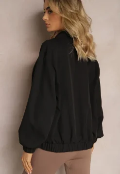 Czarna Bluza Typu Bomberka z Suwakiem i Kieszeniami na Klapki Pleoria