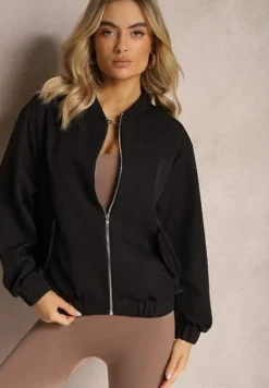 Czarna Bluza Typu Bomberka z Suwakiem i Kieszeniami na Klapki Pleoria