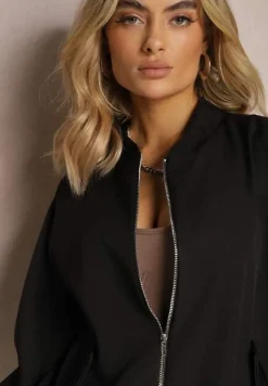 Czarna Bluza Typu Bomberka z Suwakiem i Kieszeniami na Klapki Pleoria