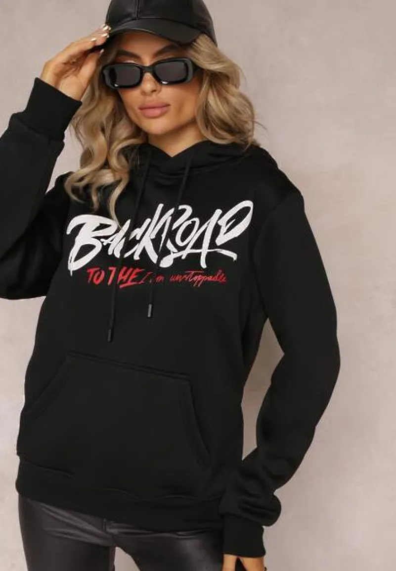 Czarna Bluza z Kapturem i Ściągaczami oraz Kieszenią Paili