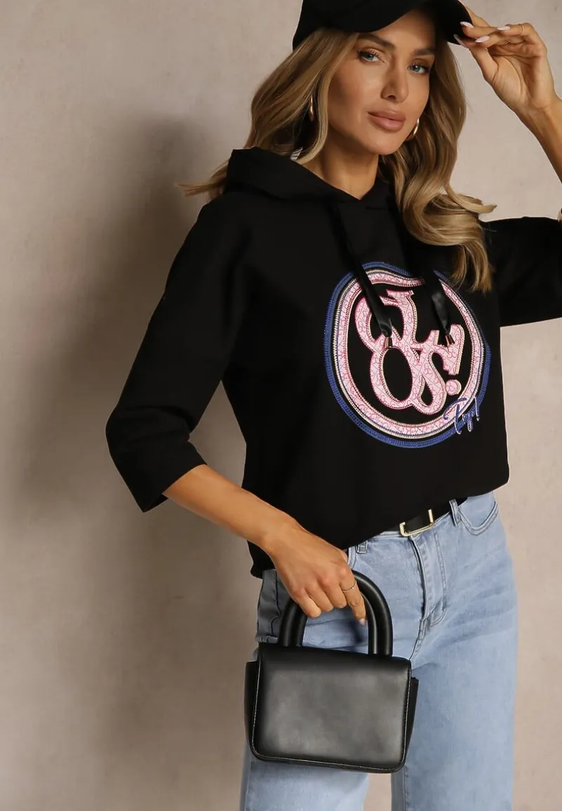 Czarna Bluza z Kapturem Ozdobnym Nadrukiem i Rękawami 3/4 Saniressa