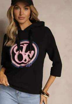 Czarna Bluza z Kapturem Ozdobnym Nadrukiem i Rękawami 3/4 Saniressa