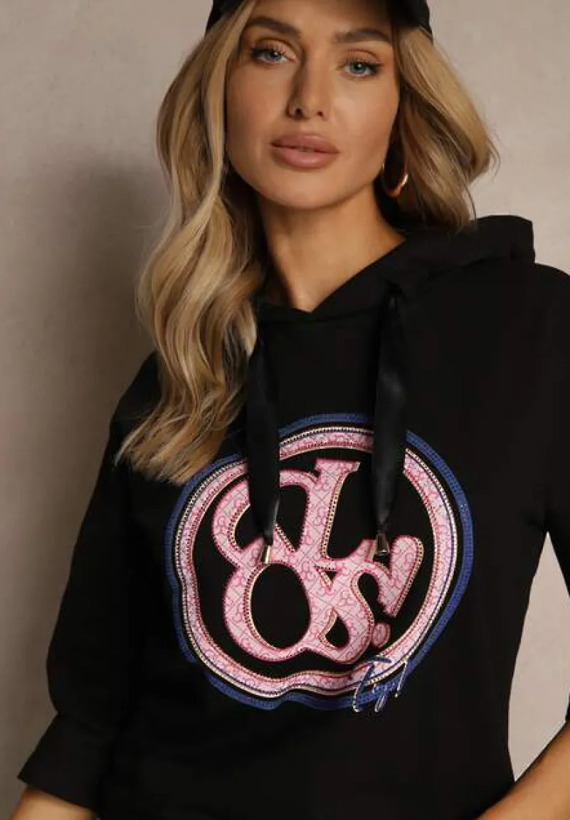 Czarna Bluza z Kapturem Ozdobnym Nadrukiem i Rękawami 3/4 Saniressa