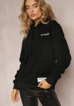 Czarna Bluza z Nadrukiem na Tyle i Kapturem oraz Kieszonką Stelletta