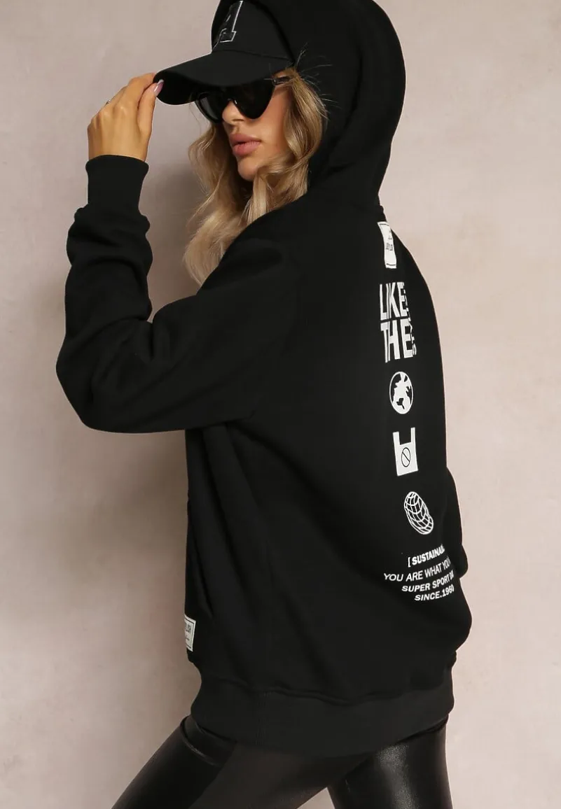 Czarna Bluza z Nadrukiem na Tyle i Kapturem oraz Kieszonką Stelletta
