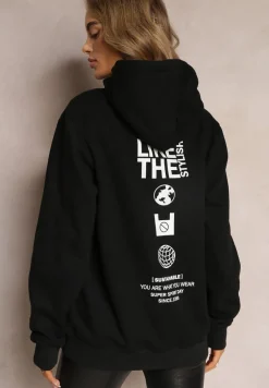 Czarna Bluza z Nadrukiem na Tyle i Kapturem oraz Kieszonką Stelletta