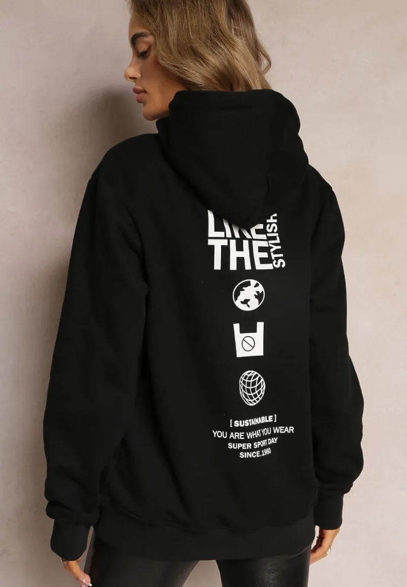 Czarna Bluza z Nadrukiem na Tyle i Kapturem oraz Kieszonką Stelletta
