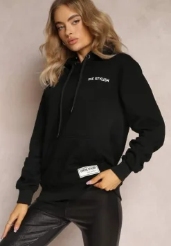 Czarna Bluza z Nadrukiem na Tyle i Kapturem oraz Kieszonką Stelletta
