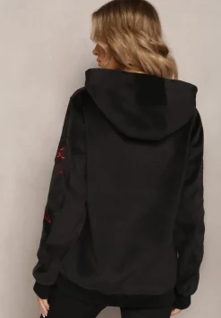 Czarna Bluza z Polarem i Haftami na Rękawach Janakame