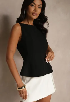 Czarna Bluzka Bez Rękawów z Wiskozą Zdobiona Baskinką Linoreina
