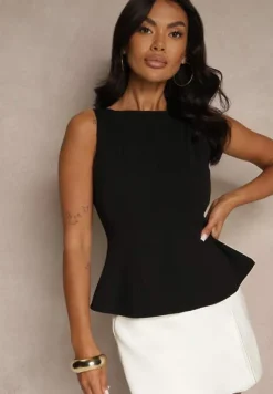 Czarna Bluzka Bez Rękawów z Wiskozą Zdobiona Baskinką Linoreina