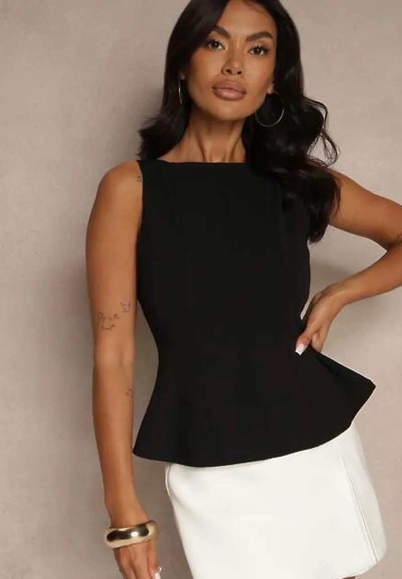 Czarna Bluzka Bez Rękawów z Wiskozą Zdobiona Baskinką Linoreina