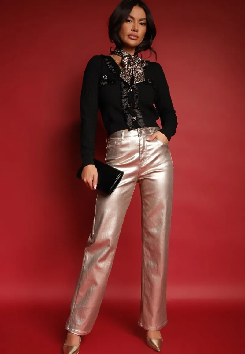 Czarna Bluzka Kardigan z Fakturowanej Dzianiny z Falbankami i Guzikami Balioppa