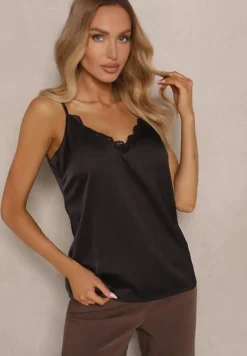 Czarna Bluzka na Regulowanych Ramiączkach Zdobiona Koronką i Wiązaniem Desionis